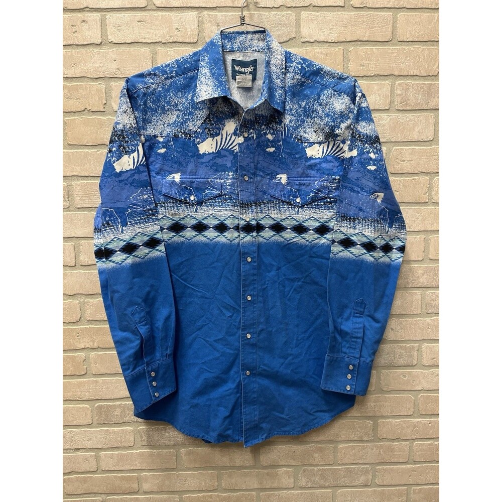 Vtg Wrangler Western Shirt Mens XL Blue Eagle Southwestern Print Pearl Snap